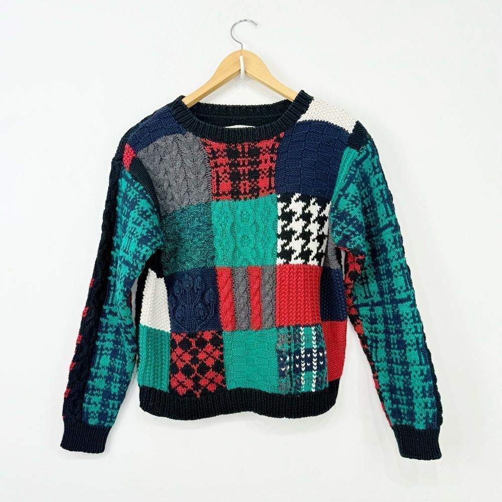 First Issue Handmade Red Green Black Patchwork Cable Knit Vintage Crew Sweater